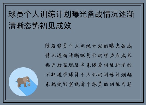 球员个人训练计划曝光备战情况逐渐清晰态势初见成效