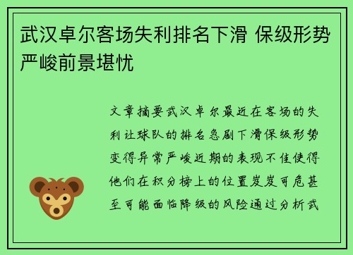 武汉卓尔客场失利排名下滑 保级形势严峻前景堪忧