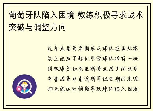 葡萄牙队陷入困境 教练积极寻求战术突破与调整方向